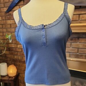 Vibe Sportswear Blue Ribbed Henley Camisole with Lace Detail Size XL Y2k Summer